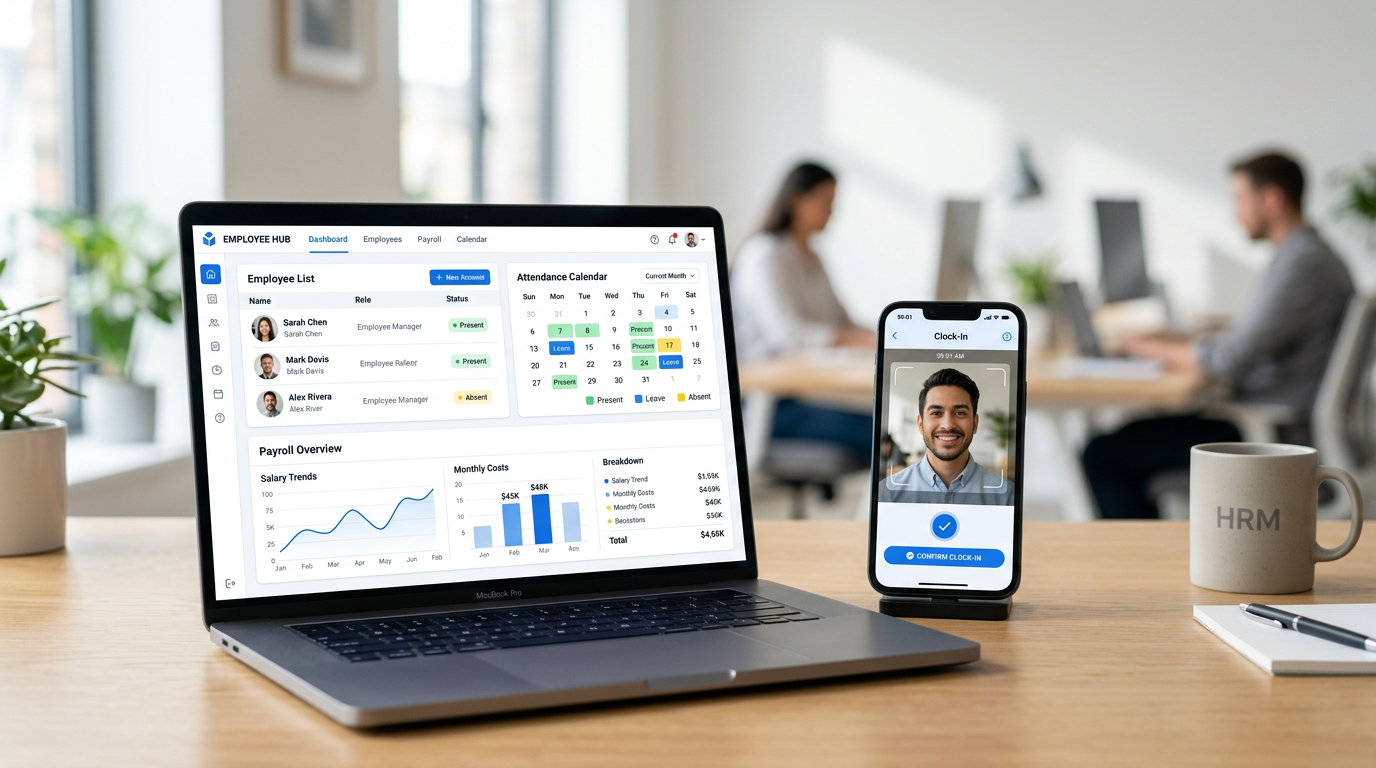 BoVi HR platform on desktop, tablet, and mobile showing attendance dashboard, payslips, and photo timeclock